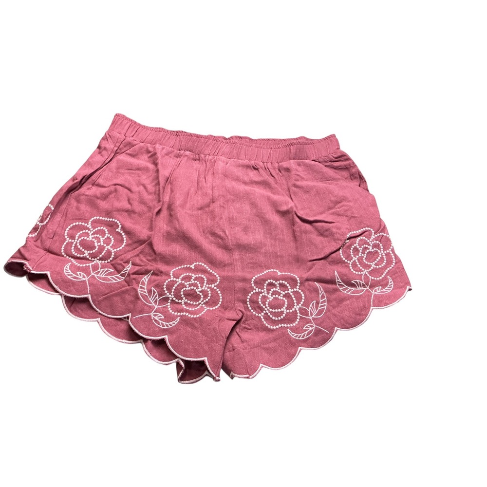 Dusty Rose Floral Embroidered Scalloped Hem Linen Blend Shorts Womens XL - Picture 2 of 15